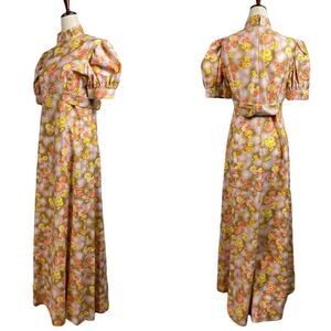 Vintage 60s Daisy Floral Puff Sleeve Mock Neck Bow Waist Belt Maxi Dress
